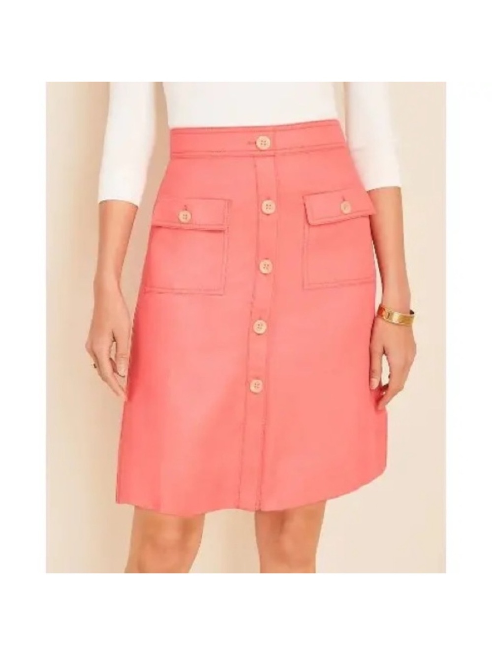Ann Taylor Coral Button-Front A-Line Midi Skirt NWOT SZ 2